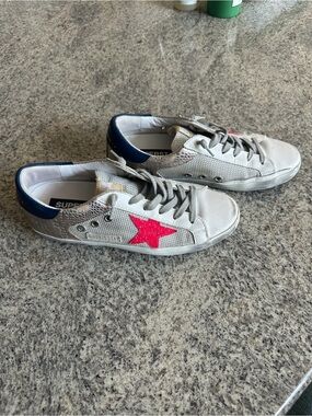 Golden Goose pink White Sneakers with Hot Pink Star and Navy Heel Tab
